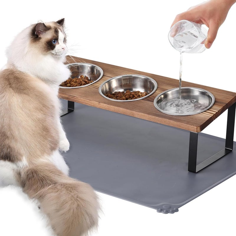 Summark Upgraded Elevated Cat Bowls with Food Mat,15°Tilted Stand Anti Vomiting Raised Cat Dishes for Food and Water,3 Stainless Steel Bowls for Cats and Puppy（Rustic Brown） - Image 1